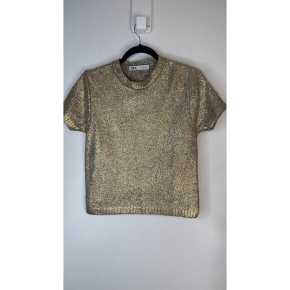 2/$30 Zara Gold Metallic Small Short Sleeve Pullover Crewneck Sweater - Picture 11 of 14